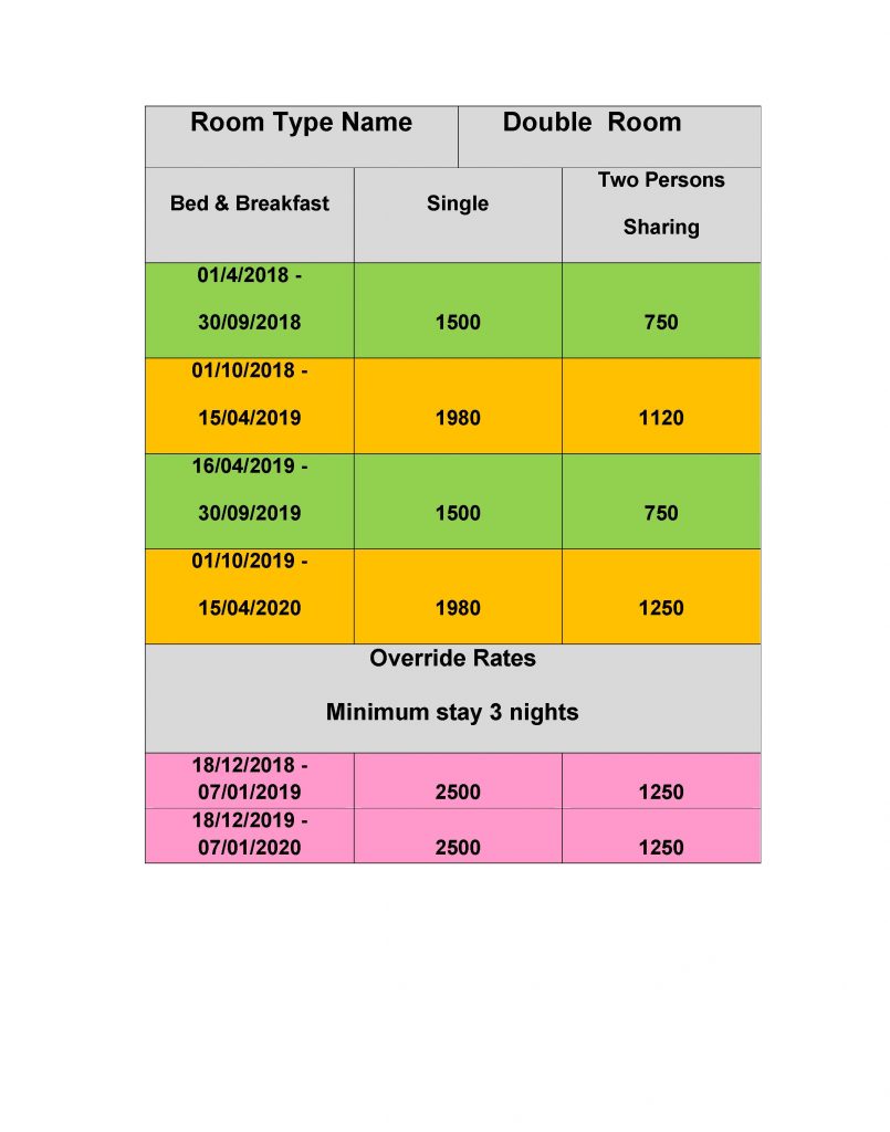 Rates Sheet Serendipity Restaurant Luxury Guest House